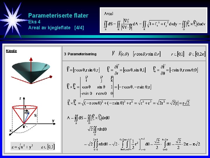 Parameteriserte flater Eks 4 Areal av kjegleflate [4/4] Kjegle 3 Parameterisering z 1 r(t)