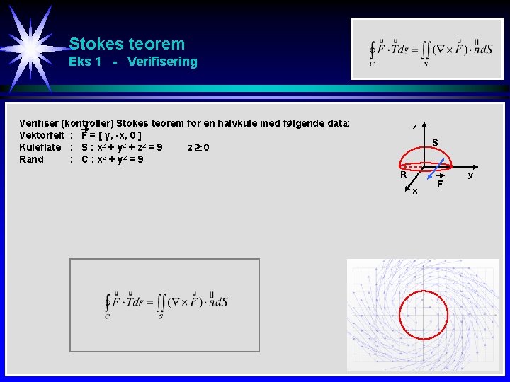 Stokes teorem Eks 1 - Verifisering Verifiser (kontroller) Stokes teorem for en halvkule med