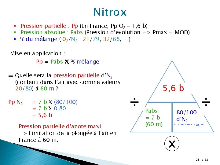 Nitrox § Pression partielle : Pp (En France, Pp O 2 = 1, 6 Nitrox § Pression partielle : Pp (En France, Pp O 2 = 1, 6