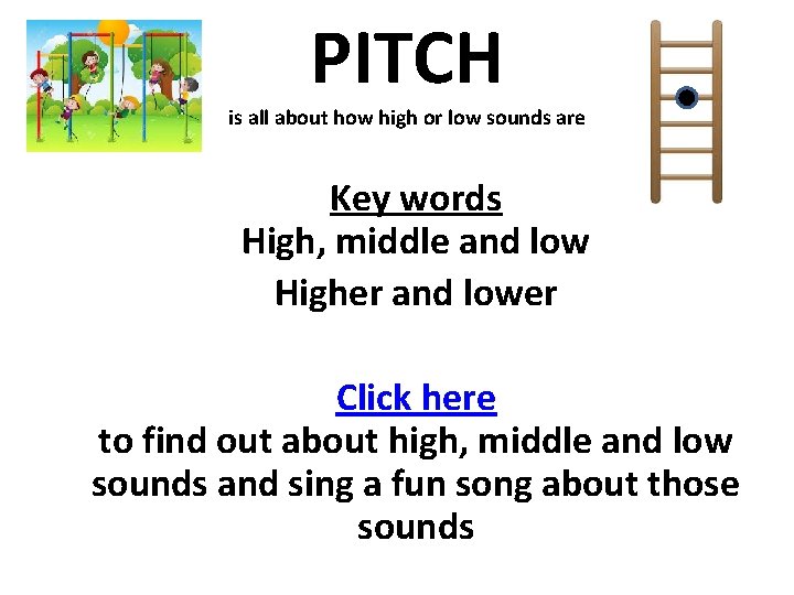 PITCH is all about how high or low sounds are Key words High, middle