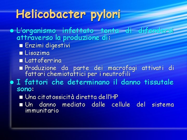 Helicobacter pylori l L’organismo infettato tenta di difendersi attraverso la produzione di: n n