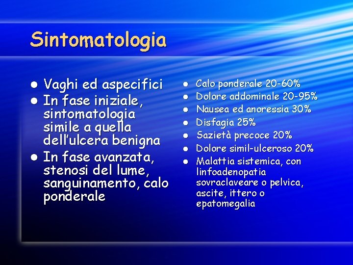 Sintomatologia Vaghi ed aspecifici In fase iniziale, sintomatologia simile a quella dell’ulcera benigna l