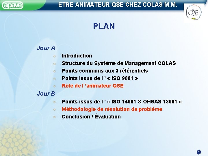 ETRE ANIMATEUR QSE CHEZ COLAS M. M. PLAN Jour A Introduction Structure du Système