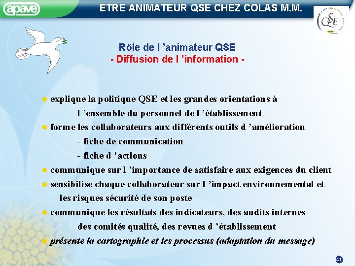 ETRE ANIMATEUR QSE CHEZ COLAS M. M. Rôle de l ’animateur QSE - Diffusion