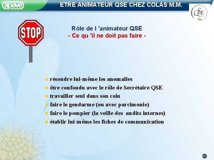 ETRE ANIMATEUR QSE CHEZ COLAS M. M. Rôle de l ’animateur QSE - Ce