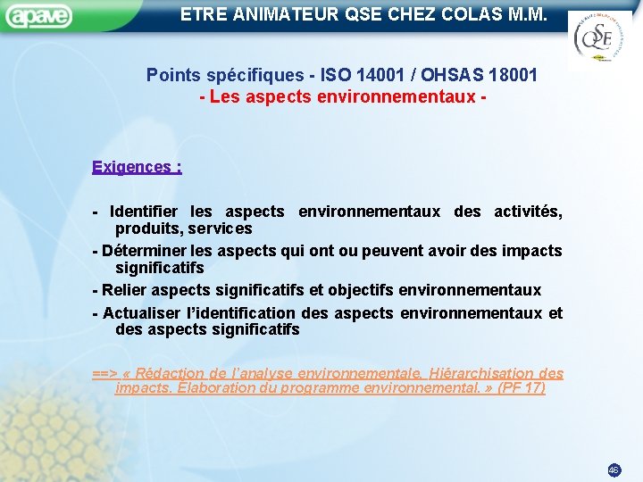 ETRE ANIMATEUR QSE CHEZ COLAS M. M. Points spécifiques - ISO 14001 / OHSAS