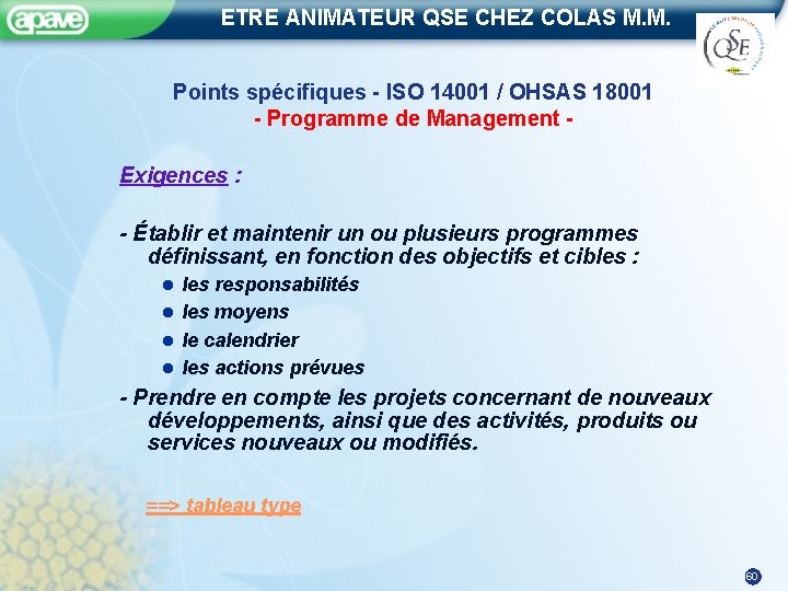 ETRE ANIMATEUR QSE CHEZ COLAS M. M. Points spécifiques - ISO 14001 / OHSAS