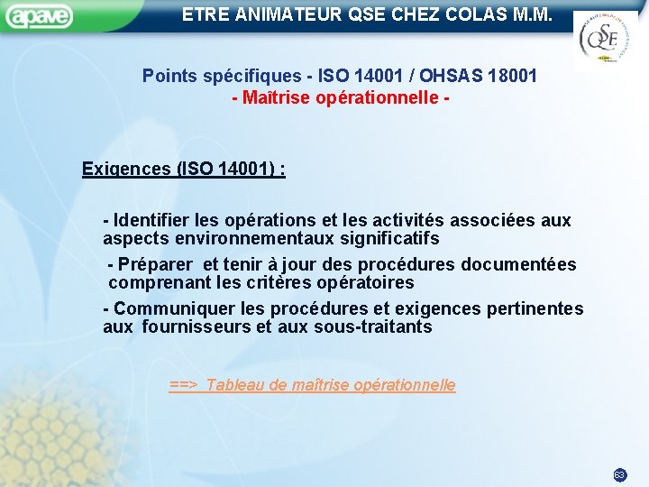 ETRE ANIMATEUR QSE CHEZ COLAS M. M. Points spécifiques - ISO 14001 / OHSAS