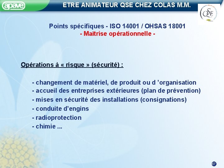 ETRE ANIMATEUR QSE CHEZ COLAS M. M. Points spécifiques - ISO 14001 / OHSAS