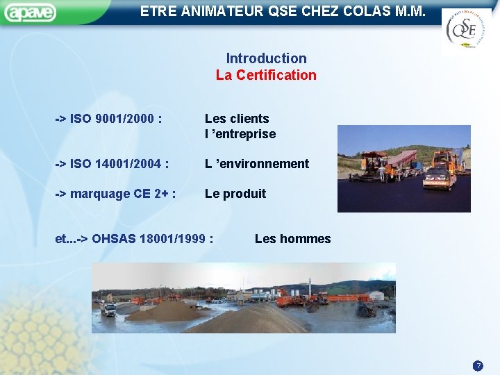 ETRE ANIMATEUR QSE CHEZ COLAS M. M. Introduction La Certification -> ISO 9001/2000 :