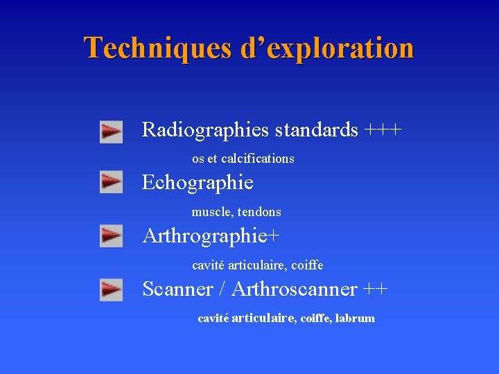 Techniques d’exploration Radiographies standards +++ os et calcifications Echographie muscle, tendons Arthrographie+ cavité articulaire,