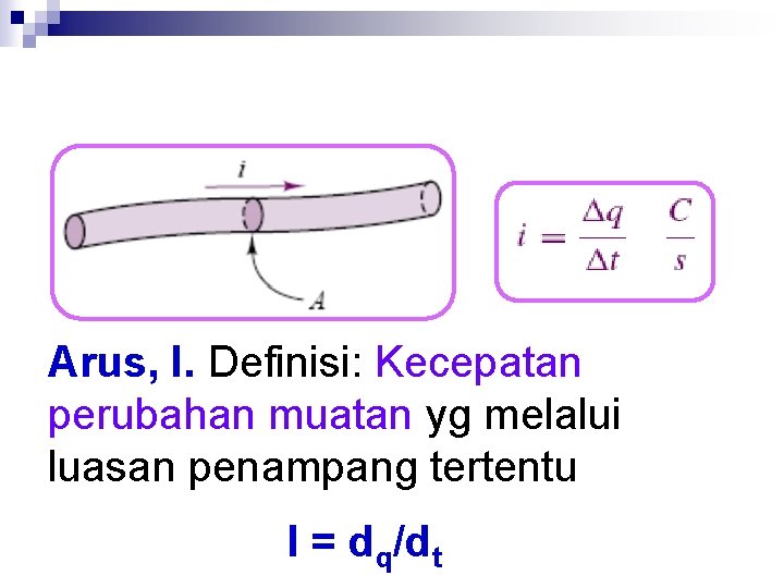 Arus, I. Definisi: Kecepatan perubahan muatan yg melalui luasan penampang tertentu I = dq/dt