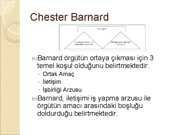 Chester Barnard örgütün ortaya çıkması için 3 temel koşul olduğunu belirtmektedir: ◦ Ortak Amaç