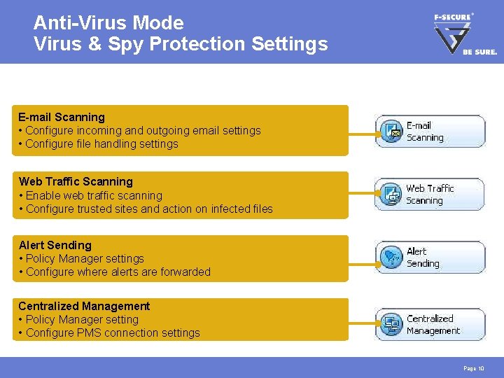 Anti-Virus Mode Virus & Spy Protection Settings E-mail Scanning • Configure incoming and outgoing