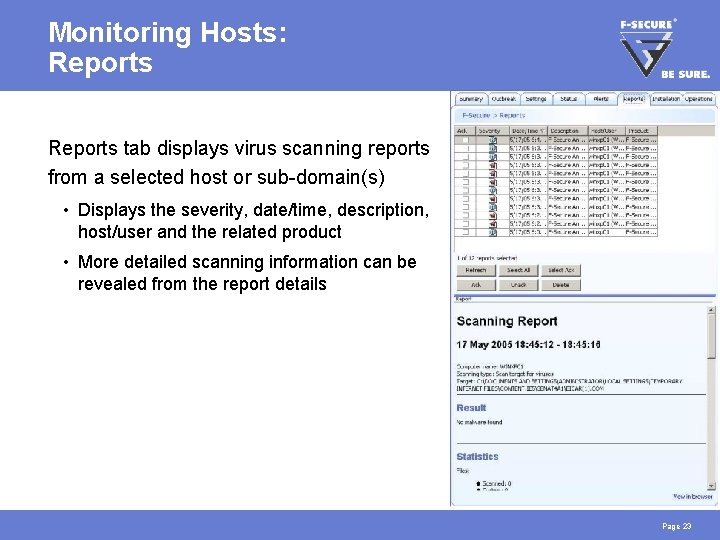 Monitoring Hosts: Reports tab displays virus scanning reports from a selected host or sub-domain(s)