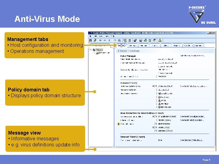 Anti-Virus Mode Management tabs • Host configuration and monitoring • Operations management Policy domain