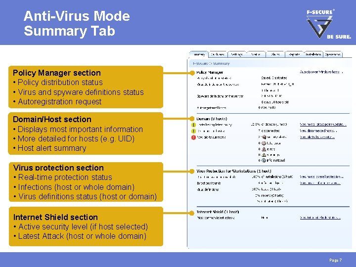 Anti-Virus Mode Summary Tab Policy Manager section • Policy distribution status • Virus and