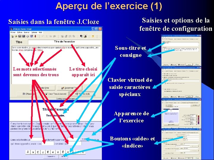 Aperçu de l’exercice (1) Saisies dans la fenêtre J. Cloze Saisies et options de