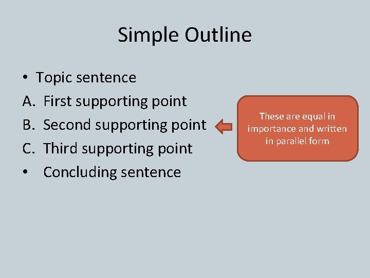 Simple Outline • Topic sentence A. First supporting point B. Second supporting point C.