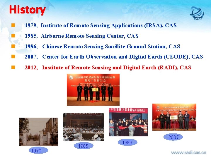 History n 1979, Institute of Remote Sensing Applications (IRSA), CAS n 1985, Airborne Remote