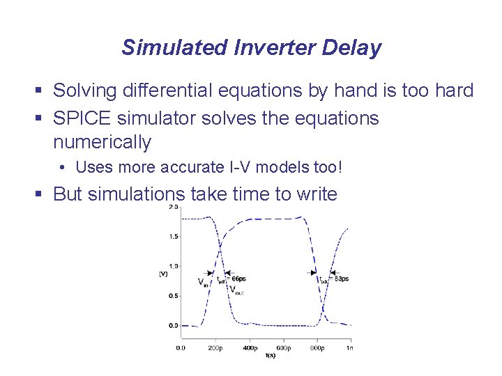 Simulated Inverter Delay § Solving differential equations by hand is too hard § SPICE
