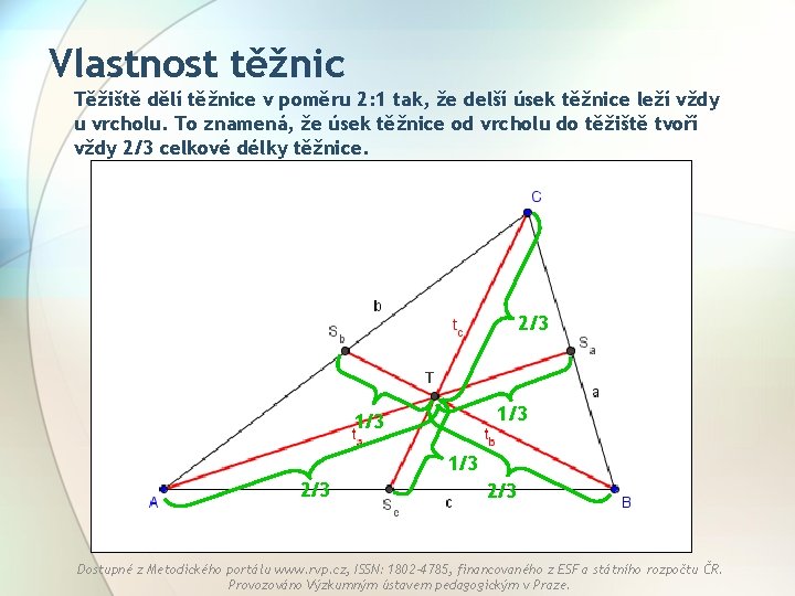 Vlastnost těžnic Těžiště dělí těžnice v poměru 2: 1 tak, že delší úsek těžnice