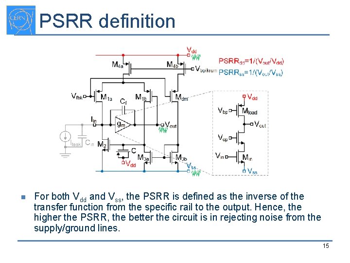 PSRR definition n For both Vdd and Vss, the PSRR is defined as the