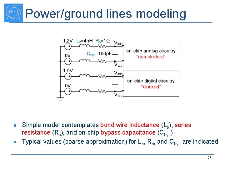 Power/ground lines modeling n n Simple model contemplates bond wire inductance (Lb), series resistance