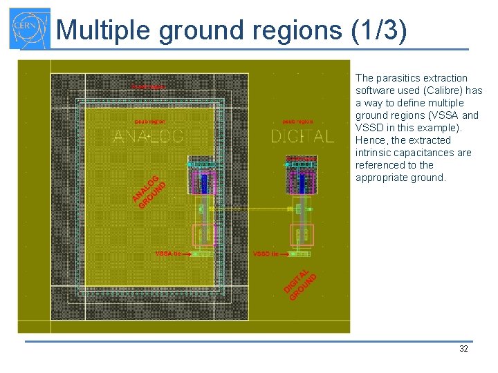 Multiple ground regions (1/3) The parasitics extraction software used (Calibre) has a way to