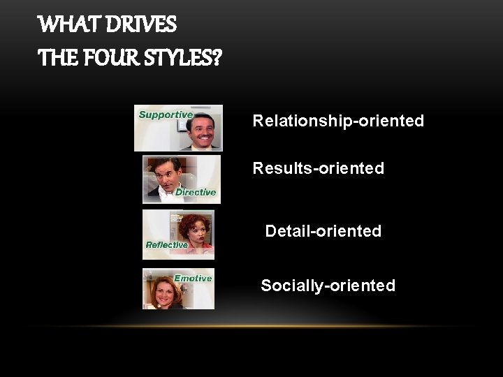 WHAT DRIVES THE FOUR STYLES? Relationship-oriented Results-oriented Detail-oriented Socially-oriented 