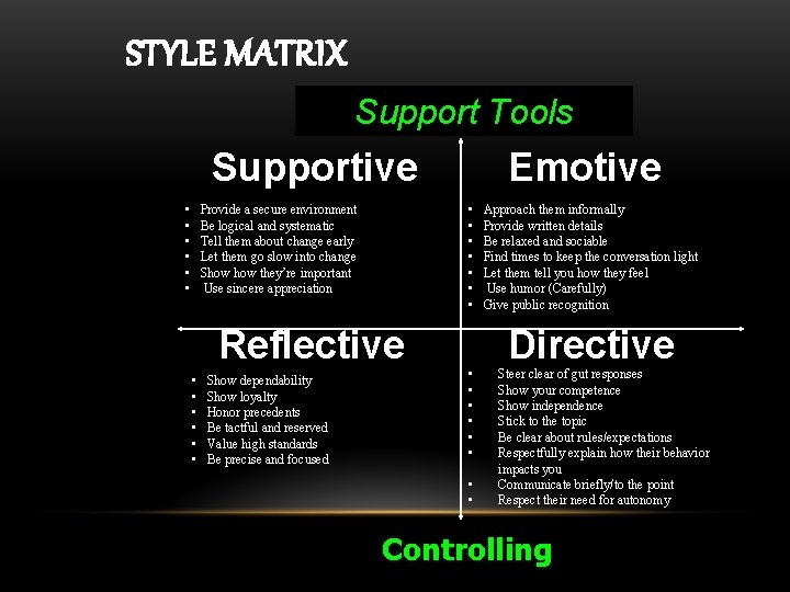 STYLE MATRIX Support Tools Supportive • • • • Provide a secure environment Be