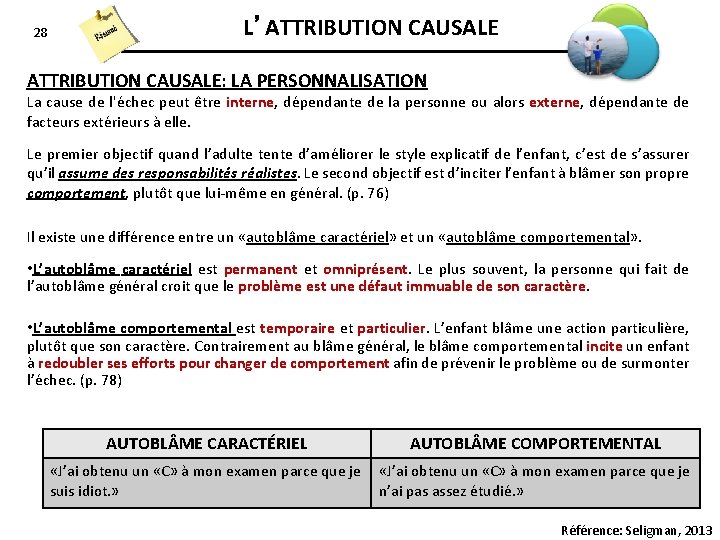 28 L’ATTRIBUTION CAUSALE: LA PERSONNALISATION La cause de l'échec peut être interne, dépendante de