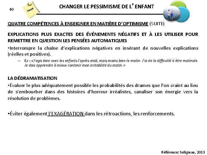 40 CHANGER LE PESSIMISME DE L’ENFANT QUATRE COMPÉTENCES À ENSEIGNER EN MATIÈRE D’OPTIMISME (SUITE)