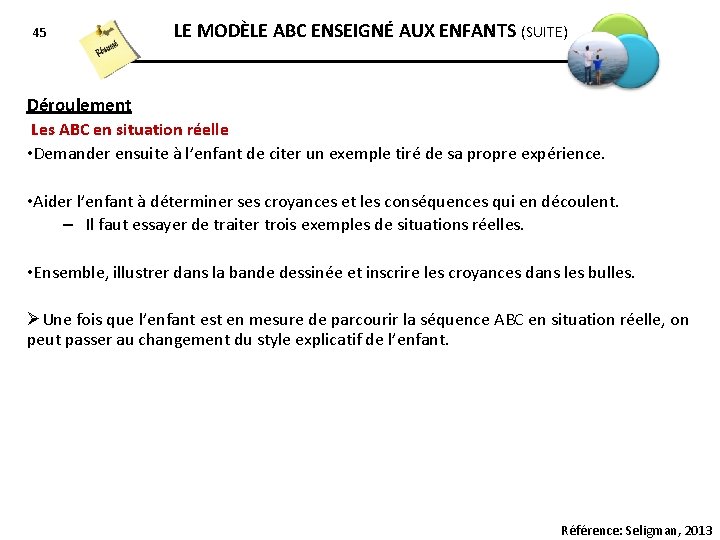 45 LE MODÈLE ABC ENSEIGNÉ AUX ENFANTS (SUITE) Déroulement Les ABC en situation réelle