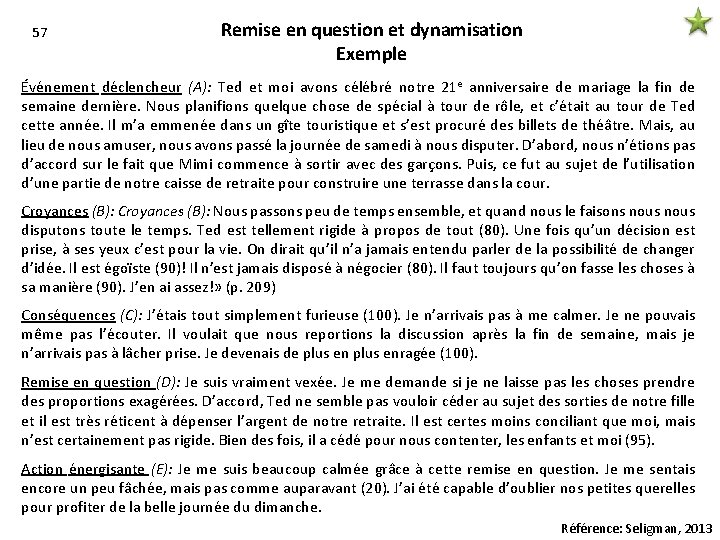 57 Remise en question et dynamisation Exemple Événement déclencheur (A): Ted et moi avons