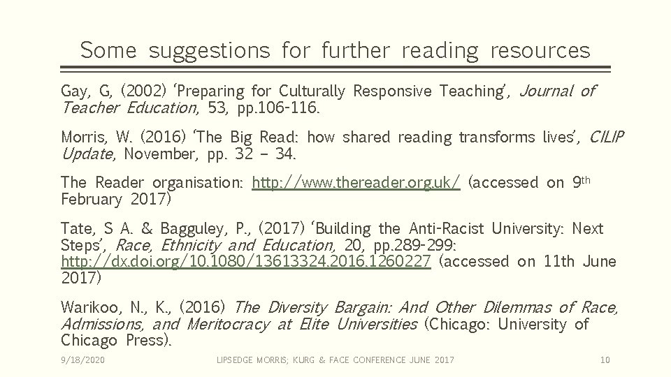 Some suggestions for further reading resources Gay, G, (2002) ‘Preparing for Culturally Responsive Teaching’,