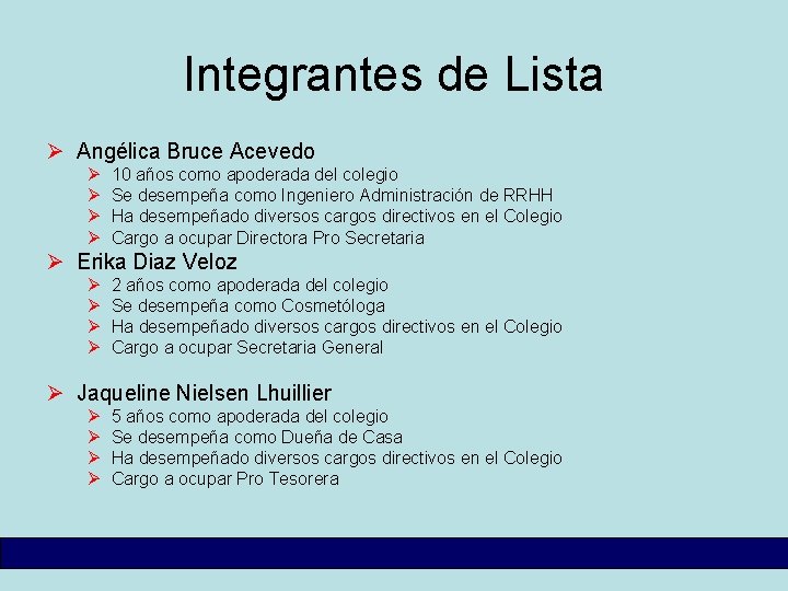 Integrantes de Lista Ø Angélica Bruce Acevedo Ø Ø 10 años como apoderada del