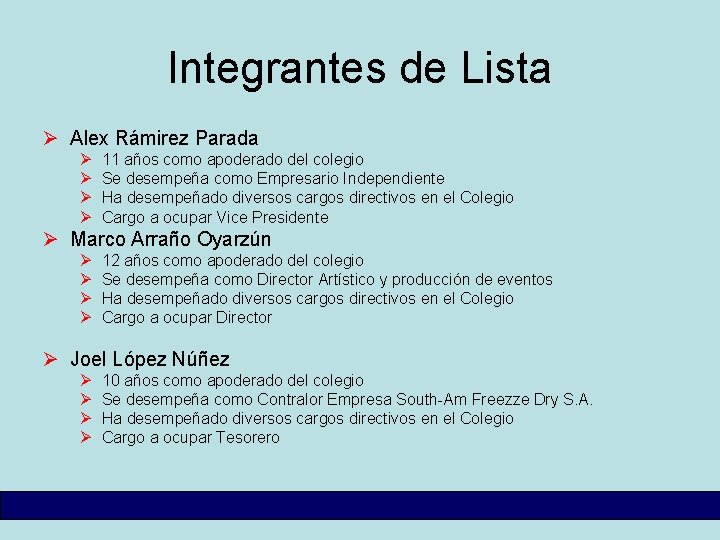 Integrantes de Lista Ø Alex Rámirez Parada Ø Ø 11 años como apoderado del