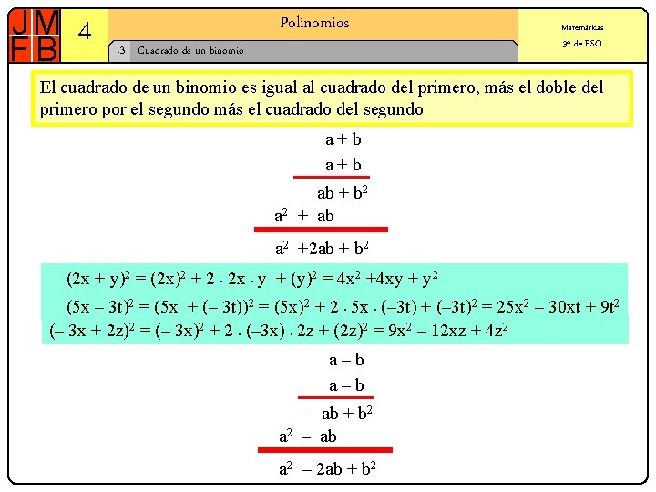 4 Polinomios 13 Cuadrado de un binomio Matemáticas 3º de ESO El cuadrado de