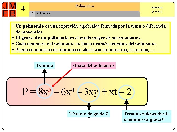 4 Polinomios 5 Matemáticas 3º de ESO Polinomios • Un polinomio es una expresión