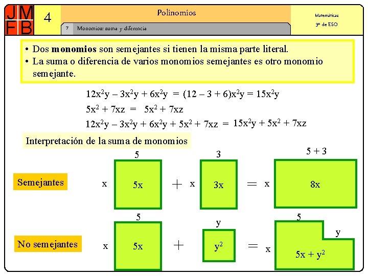 4 Polinomios 7 Matemáticas 3º de ESO Monomios: suma y diferencia • Dos monomios 4 Polinomios 7 Matemáticas 3º de ESO Monomios: suma y diferencia • Dos monomios