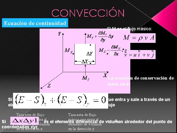Ecuación de continuidad Si M es el flujo másico: Si La ecuación de conservación Ecuación de continuidad Si M es el flujo másico: Si La ecuación de conservación