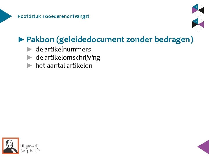 Hoofdstuk 1 Goederenontvangst ► Pakbon (geleidedocument zonder bedragen) ► de artikelnummers ► de artikelomschrijving Hoofdstuk 1 Goederenontvangst ► Pakbon (geleidedocument zonder bedragen) ► de artikelnummers ► de artikelomschrijving