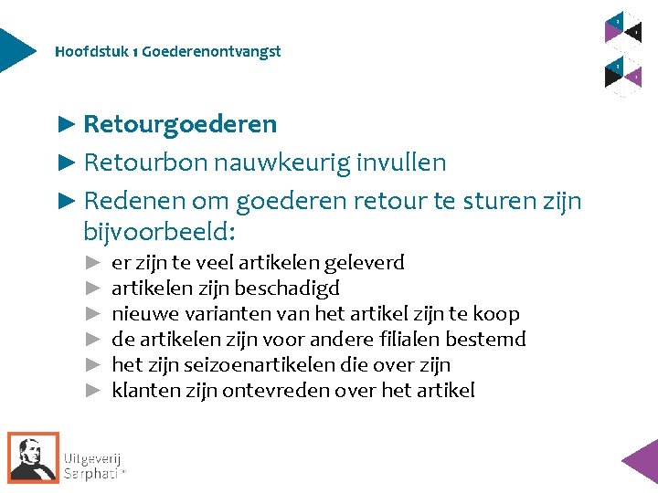Hoofdstuk 1 Goederenontvangst ► Retourgoederen ► Retourbon nauwkeurig invullen ► Redenen om goederen retour Hoofdstuk 1 Goederenontvangst ► Retourgoederen ► Retourbon nauwkeurig invullen ► Redenen om goederen retour