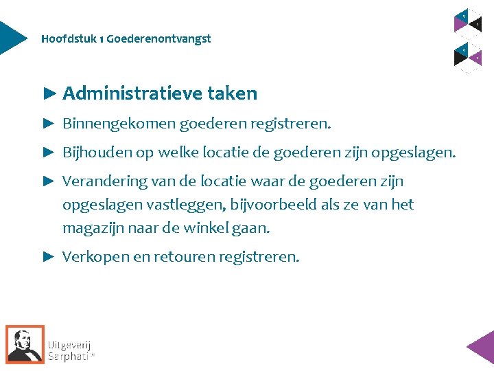 Hoofdstuk 1 Goederenontvangst ► Administratieve taken ► Binnengekomen goederen registreren. ► Bijhouden op welke Hoofdstuk 1 Goederenontvangst ► Administratieve taken ► Binnengekomen goederen registreren. ► Bijhouden op welke