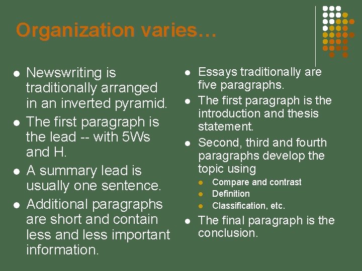 Organization varies… Newswriting is traditionally arranged in an inverted pyramid. The first paragraph is