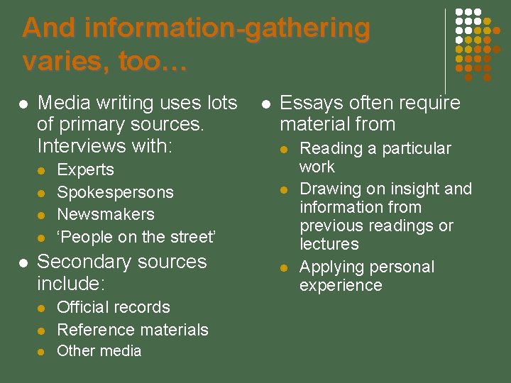 And information-gathering varies, too… Media writing uses lots of primary sources. Interviews with: Experts