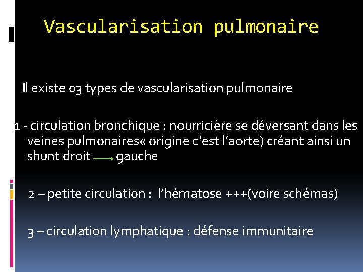 Vascularisation pulmonaire Il existe 03 types de vascularisation pulmonaire 1 - circulation bronchique :
