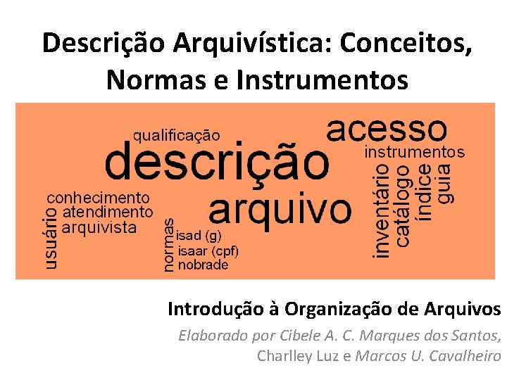 Descrição Arquivística: Conceitos, Normas e Instrumentos Introdução à Organização de Arquivos Elaborado por Cibele