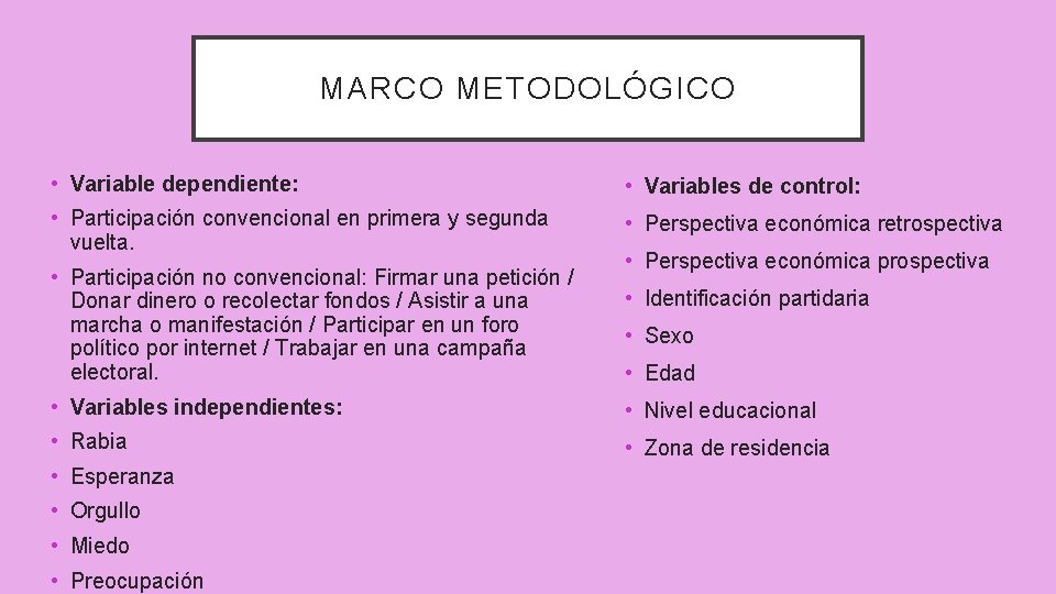 MARCO METODOLÓGICO • Variable dependiente: • Variables de control: • Participación convencional en primera